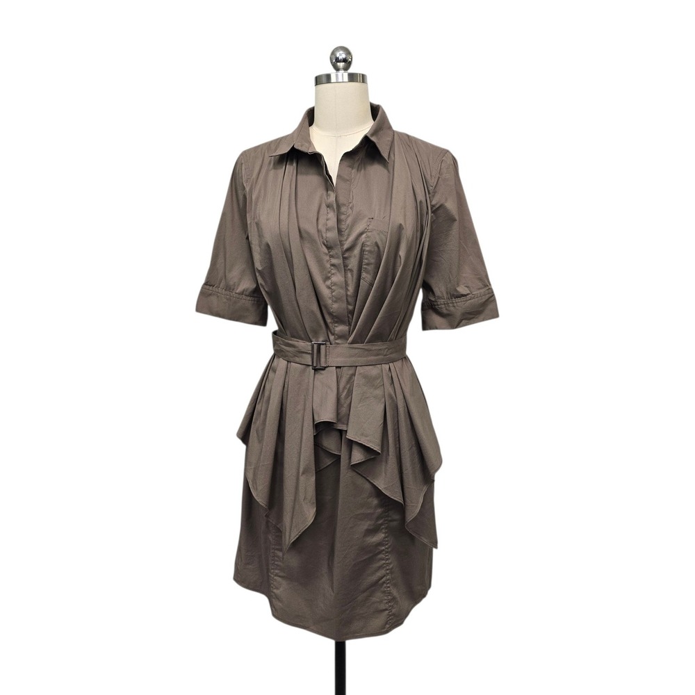 BCBGMAXAZRIA Fatigue Brown‎ Belted Draped Shirtdress Womens Size Large Neutral
